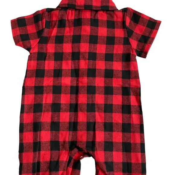 0-3 month Plaid Romper Red And Black Cotton Blend. Snap Closure - Picture 6 of 7